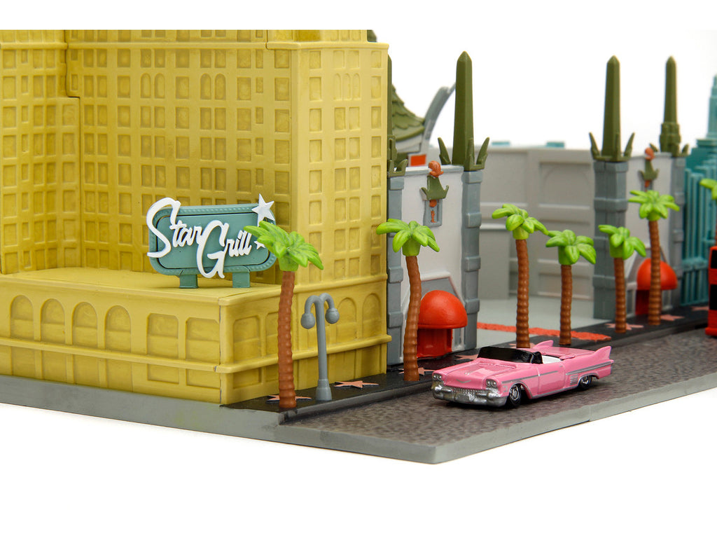 "Hollywood 100" Walk of Fame Diorama with Pink Convertible and Double-Decker Bus "Nano Scene" Series model by Jada-2