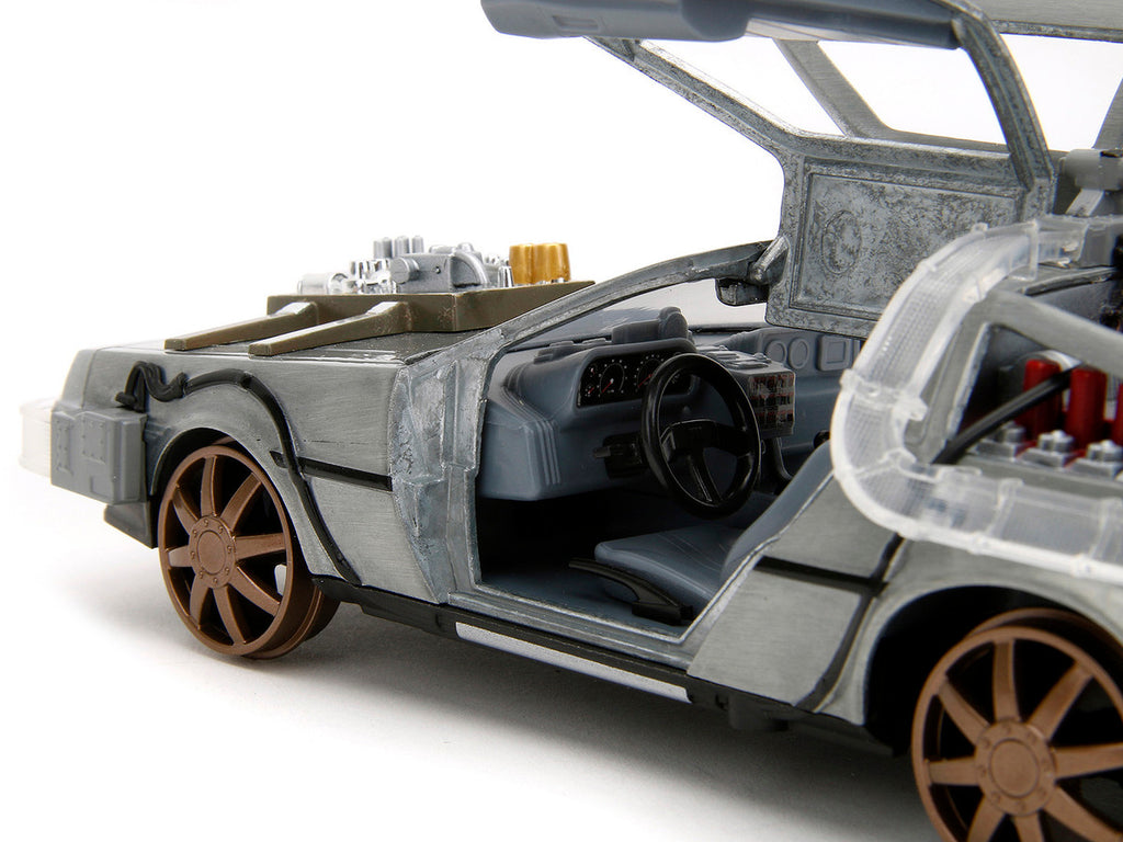 DeLorean Brushed Metal Time Machine (Train Wheel Version) with Lights "Back to the Future Part III" (1990) Movie "Hollywood Rides" Series 1/24 Diecast Model Car by Jada-2