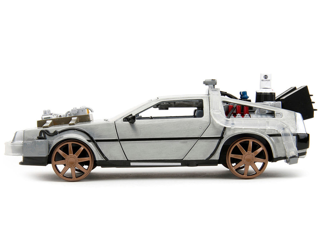 DeLorean Brushed Metal Time Machine (Train Wheel Version) with Lights "Back to the Future Part III" (1990) Movie "Hollywood Rides" Series 1/24 Diecast Model Car by Jada-3