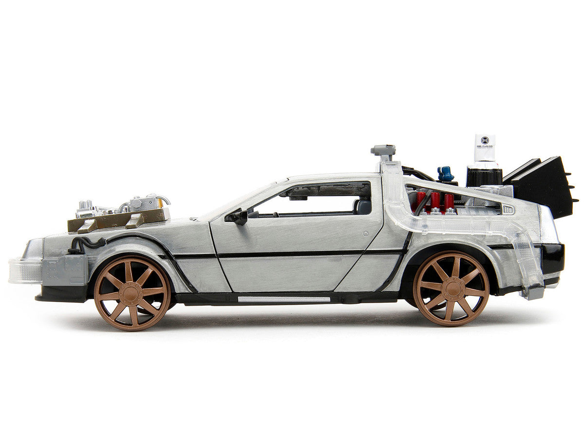 DeLorean Brushed Metal Time Machine (Train Wheel Version) with Lights "Back to the Future Part III" (1990) Movie "Hollywood Rides" Series 1/24 Diecast Model Car by Jada-3