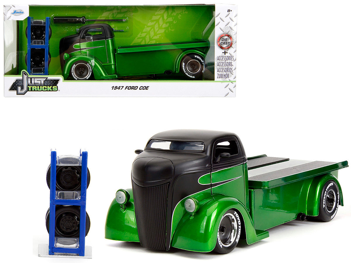 1947 Ford COE Flatbed Truck Green Metallic and Matt Black "Toyo Tires" with Extra Wheels "Just Trucks" Series 1/24 Diecast Model Car by Jada-4