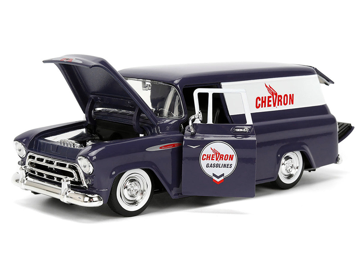 1957 Chevrolet Suburban "Chevron" Dark Blue with White Stripes and Chevron Gas Pump "Just Trucks" Series 1/24 Diecast Model Car by Jada-1