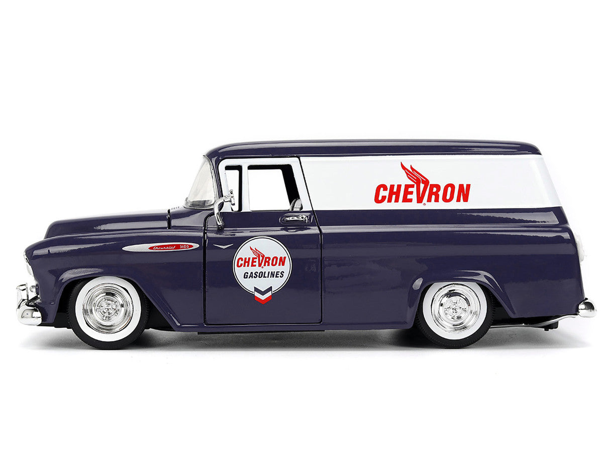 1957 Chevrolet Suburban "Chevron" Dark Blue with White Stripes and Chevron Gas Pump "Just Trucks" Series 1/24 Diecast Model Car by Jada-2