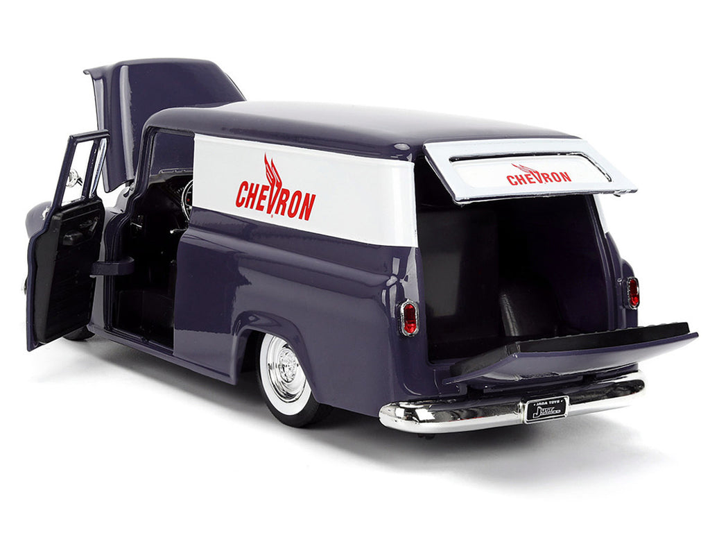 1957 Chevrolet Suburban "Chevron" Dark Blue with White Stripes and Chevron Gas Pump "Just Trucks" Series 1/24 Diecast Model Car by Jada-3