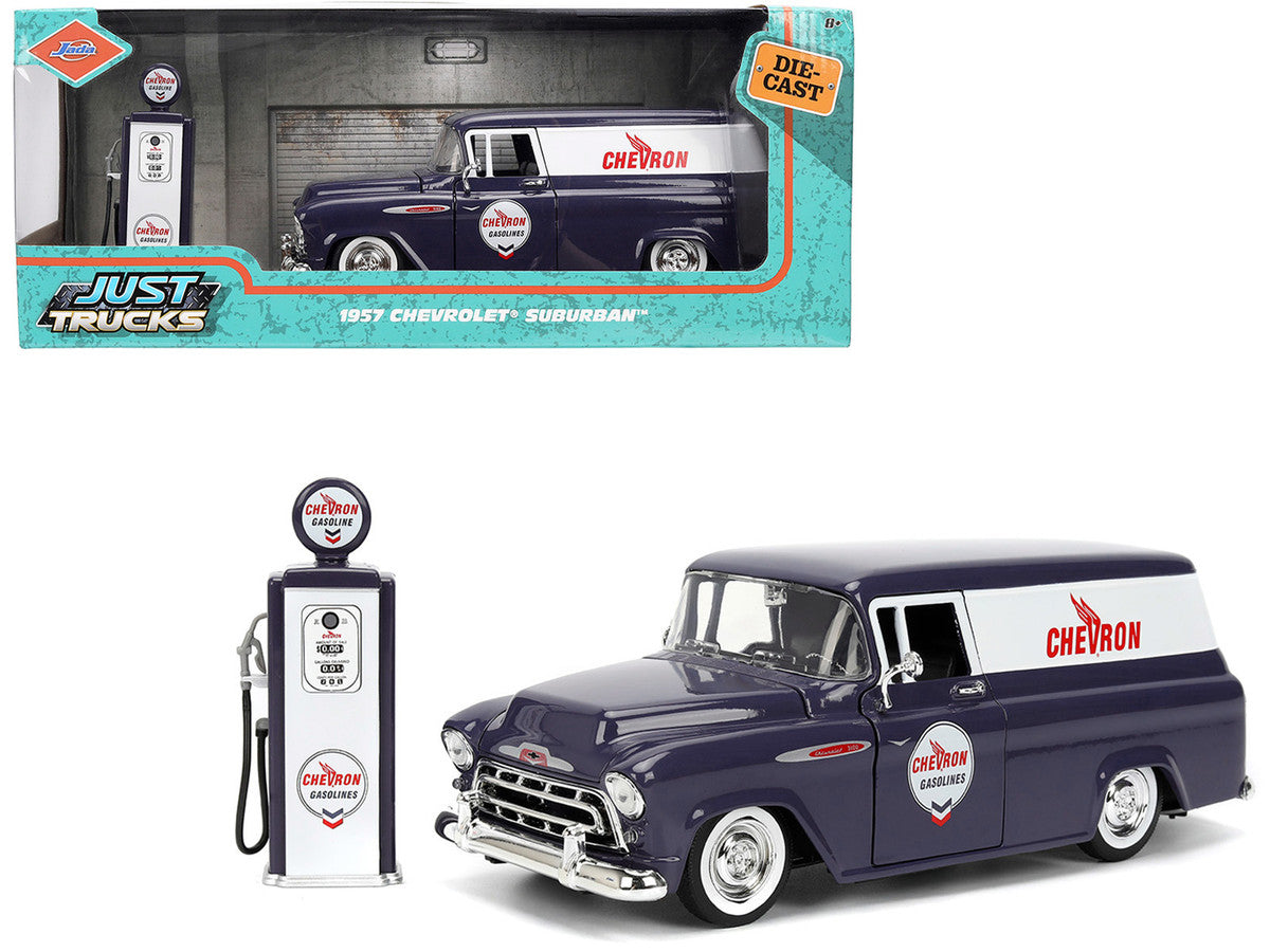 1957 Chevrolet Suburban "Chevron" Dark Blue with White Stripes and Chevron Gas Pump "Just Trucks" Series 1/24 Diecast Model Car by Jada-0
