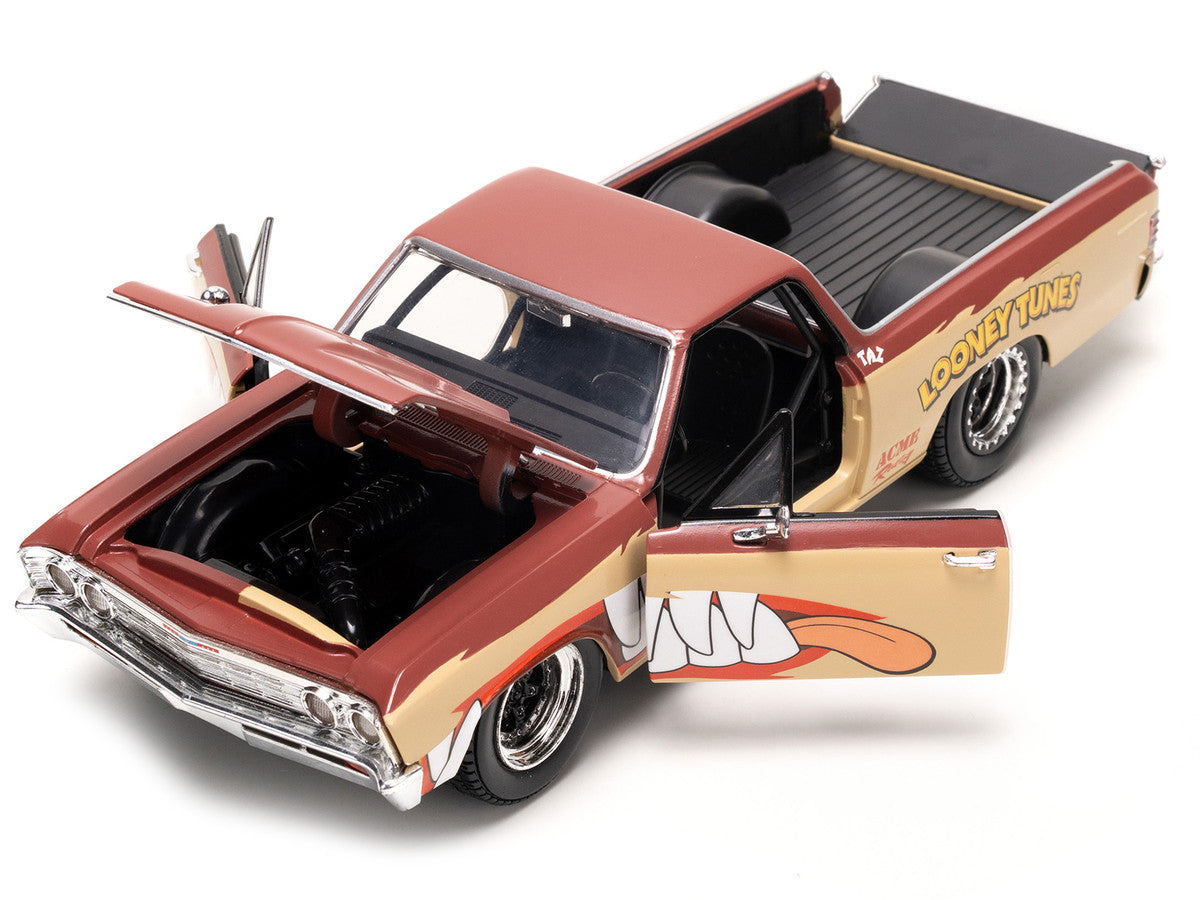 1967 Chevrolet El Camino Brown and Beige with Graphics and Tasmanian Devil (Taz) Diecast Figure "Looney Tunes" "Hollywood Rides" Series 1/24 Diecast Model Car by Jada-1