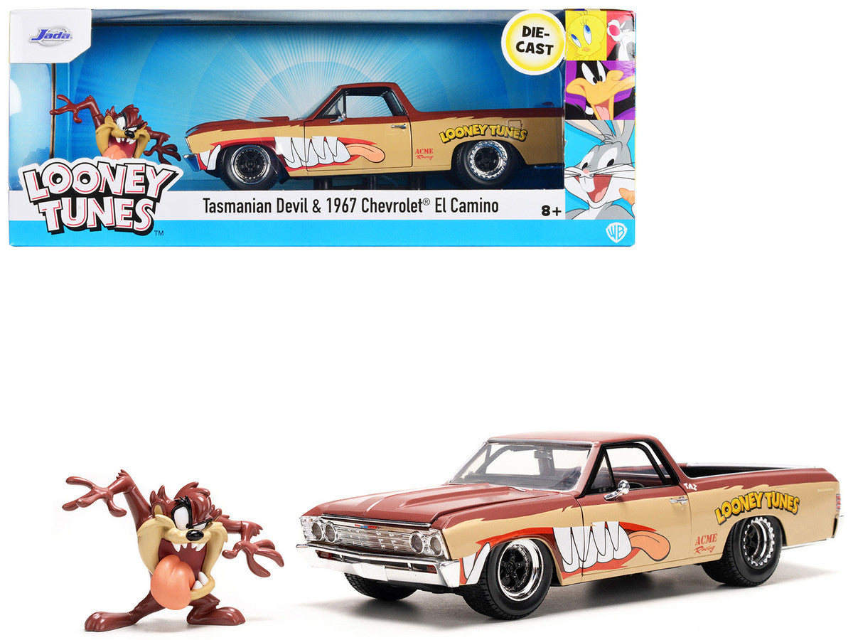 1967 Chevrolet El Camino Brown and Beige with Graphics and Tasmanian Devil (Taz) Diecast Figure "Looney Tunes" "Hollywood Rides" Series 1/24 Diecast Model Car by Jada-0