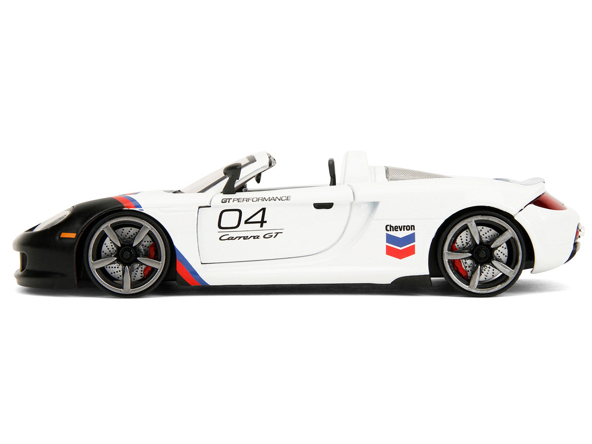 Porsche Carrera GT Convertible #04 "Chevron" White with Graphics "Hyper-Spec" Series 1/24 Diecast Model Car by Jada-0