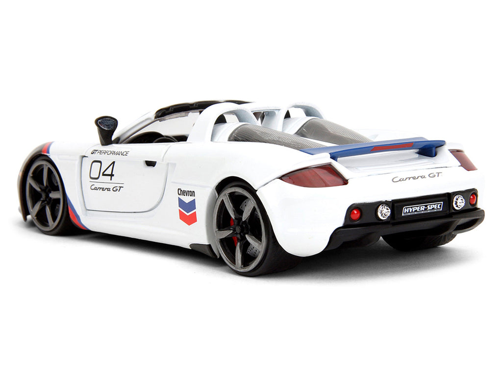 Porsche Carrera GT Convertible #04 "Chevron" White with Graphics "Hyper-Spec" Series 1/24 Diecast Model Car by Jada-1