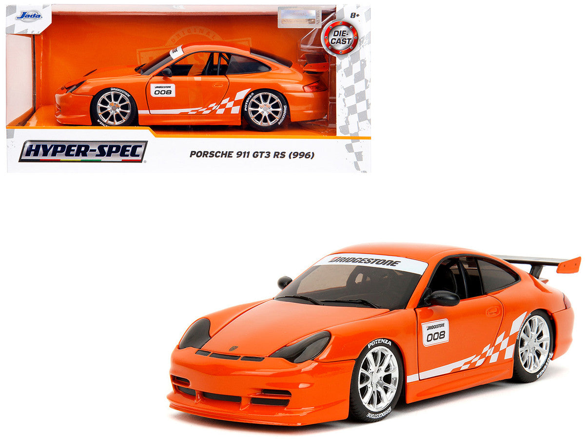 Porsche 911 GT3 RS (996) #008 "Bridgestone" Orange Metallic with White Graphics "Hyper-Spec" Series 1/24 Diecast Model Car by Jada-0