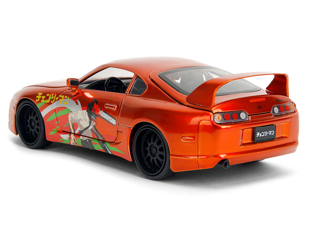 1995 Toyota Supra Orange Metallic with Graphics and Chainsaw Man Diecast Figure "Chainsaw Man" (2022) TV Series "Anime Hollywood Rides" Series 1/24 Diecast Model by Jada-2
