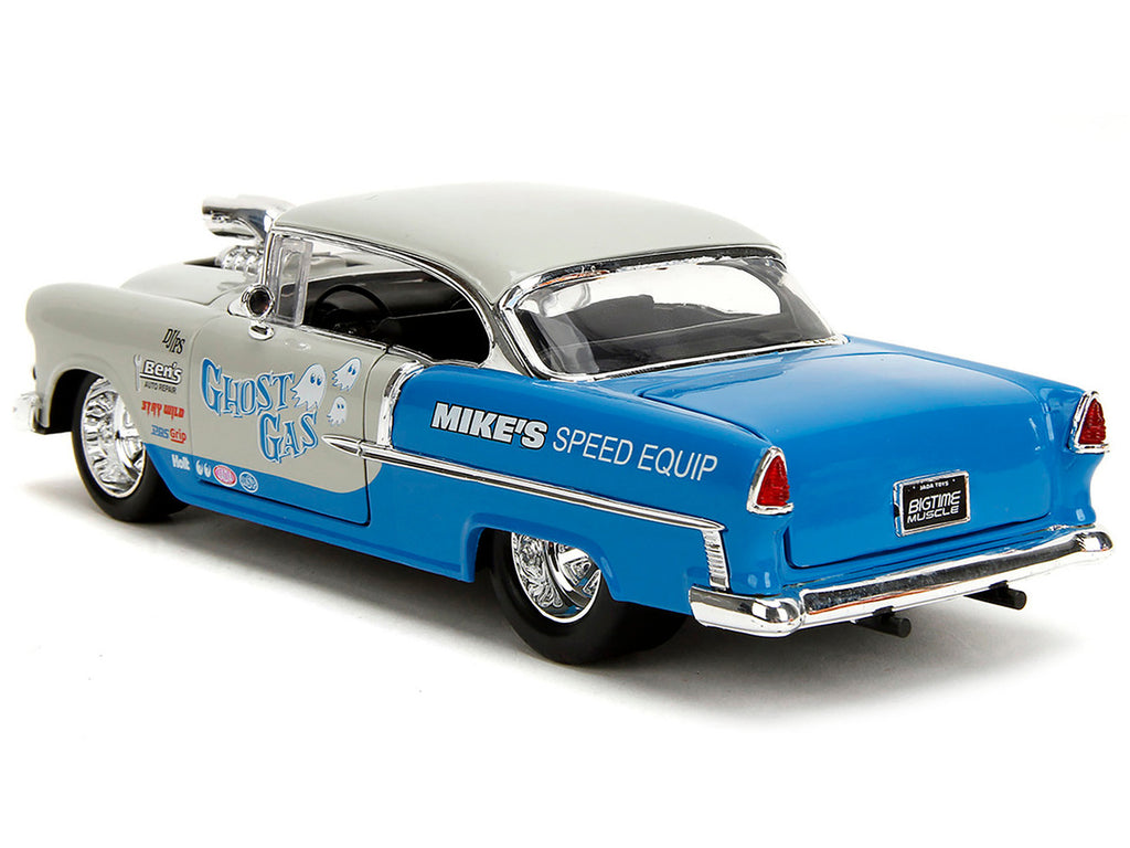 1955 Chevrolet Bel Air "Ghost Gas - Mike's Speed Equip" Light Gray and Blue "Bigtime Muscle" Series 1/24 Diecast Model Car by Jada-3