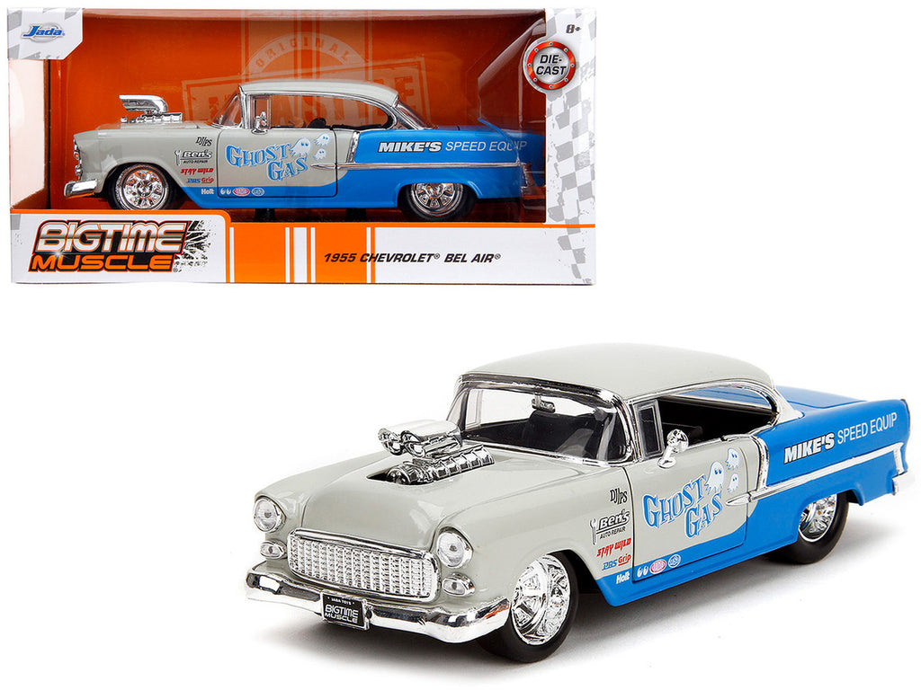 1955 Chevrolet Bel Air "Ghost Gas - Mike's Speed Equip" Light Gray and Blue "Bigtime Muscle" Series 1/24 Diecast Model Car by Jada-4