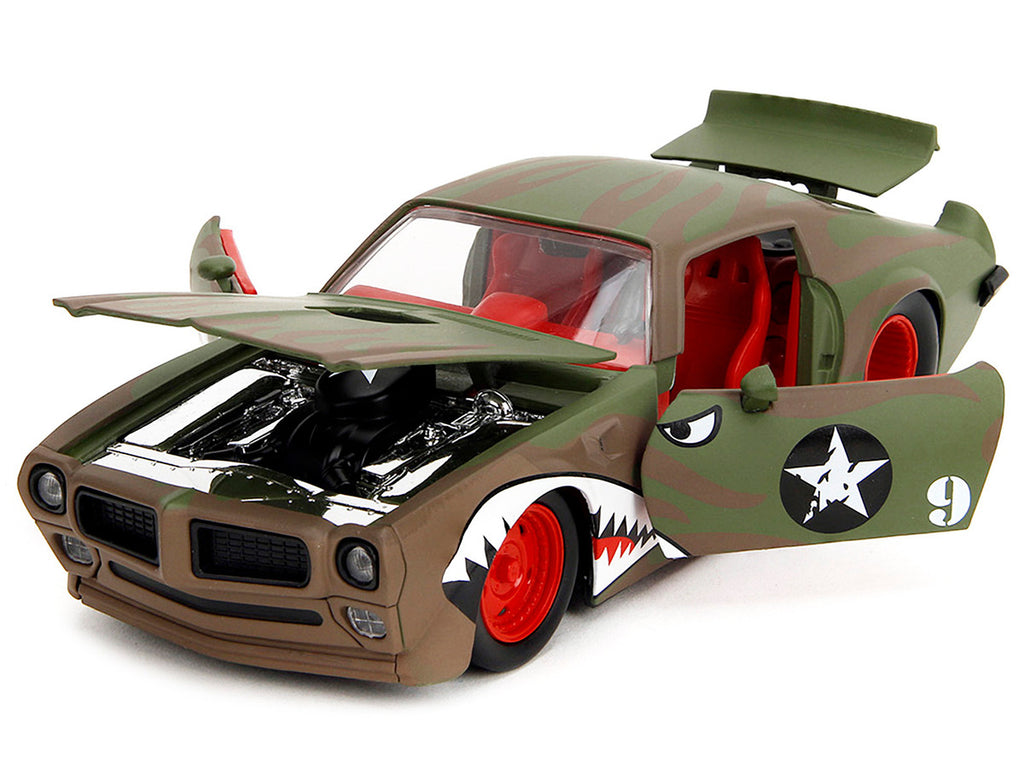 1972 Pontiac Firebird #9 Green Camouflage Flames with Graphics and Red Interior "Bigtime Muscle" Series 1/24 Diecast Model Car by Jada-3