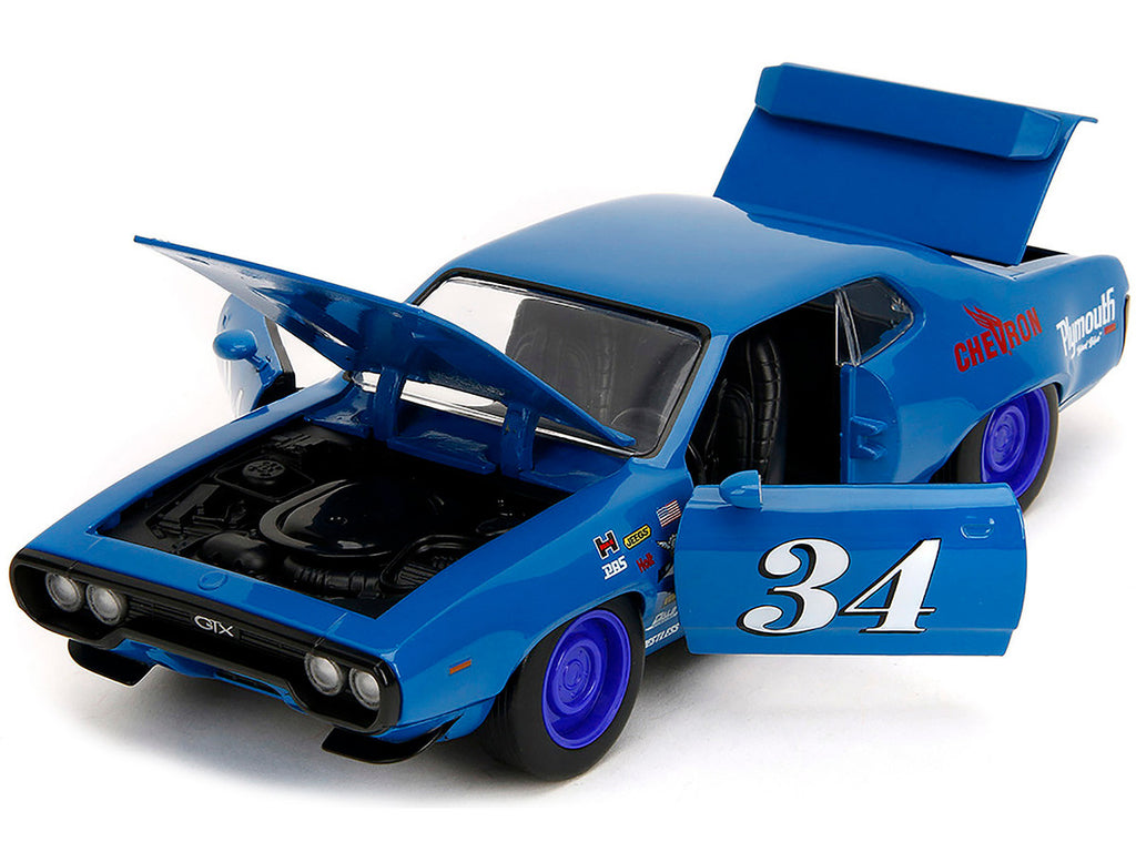 1972 Plymouth GTX #34 Blue with Graphics "Bigtime Muscle" Series 1/24 Diecast Model Car by Jada-2