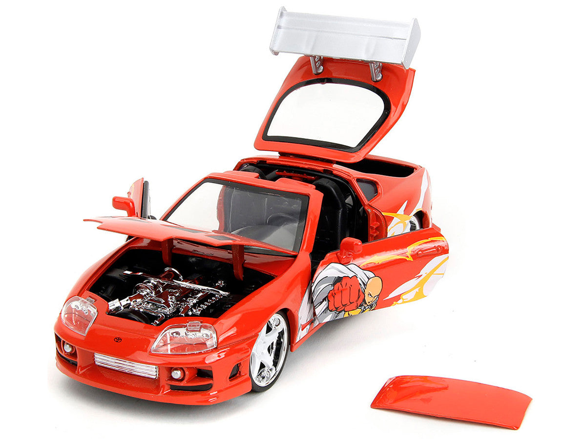 1995 Toyota Supra Red with Graphics and Saitama Diecast Figure "One Punch Man" (2015-2019) TV Series 1/24 Diecast Model by Jada-1