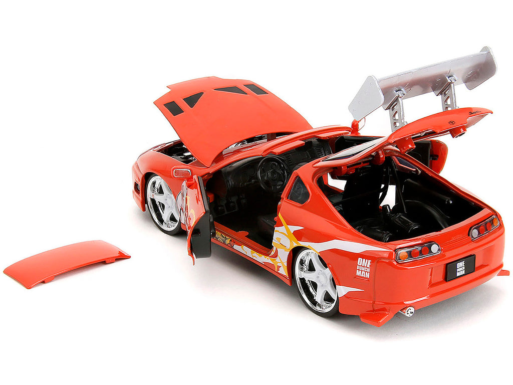 1995 Toyota Supra Red with Graphics and Saitama Diecast Figure "One Punch Man" (2015-2019) TV Series 1/24 Diecast Model by Jada-2