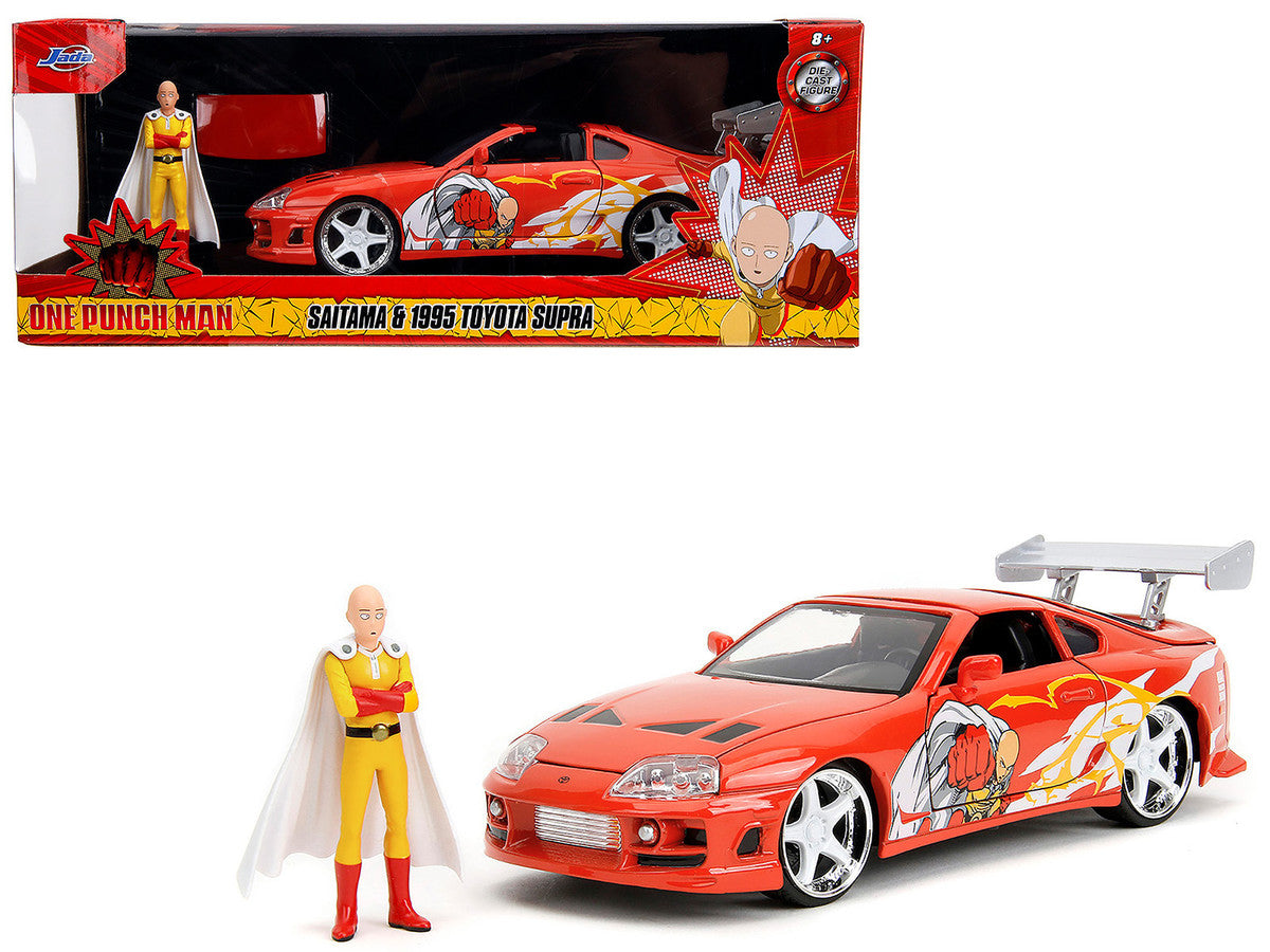 1995 Toyota Supra Red with Graphics and Saitama Diecast Figure "One Punch Man" (2015-2019) TV Series 1/24 Diecast Model by Jada-0