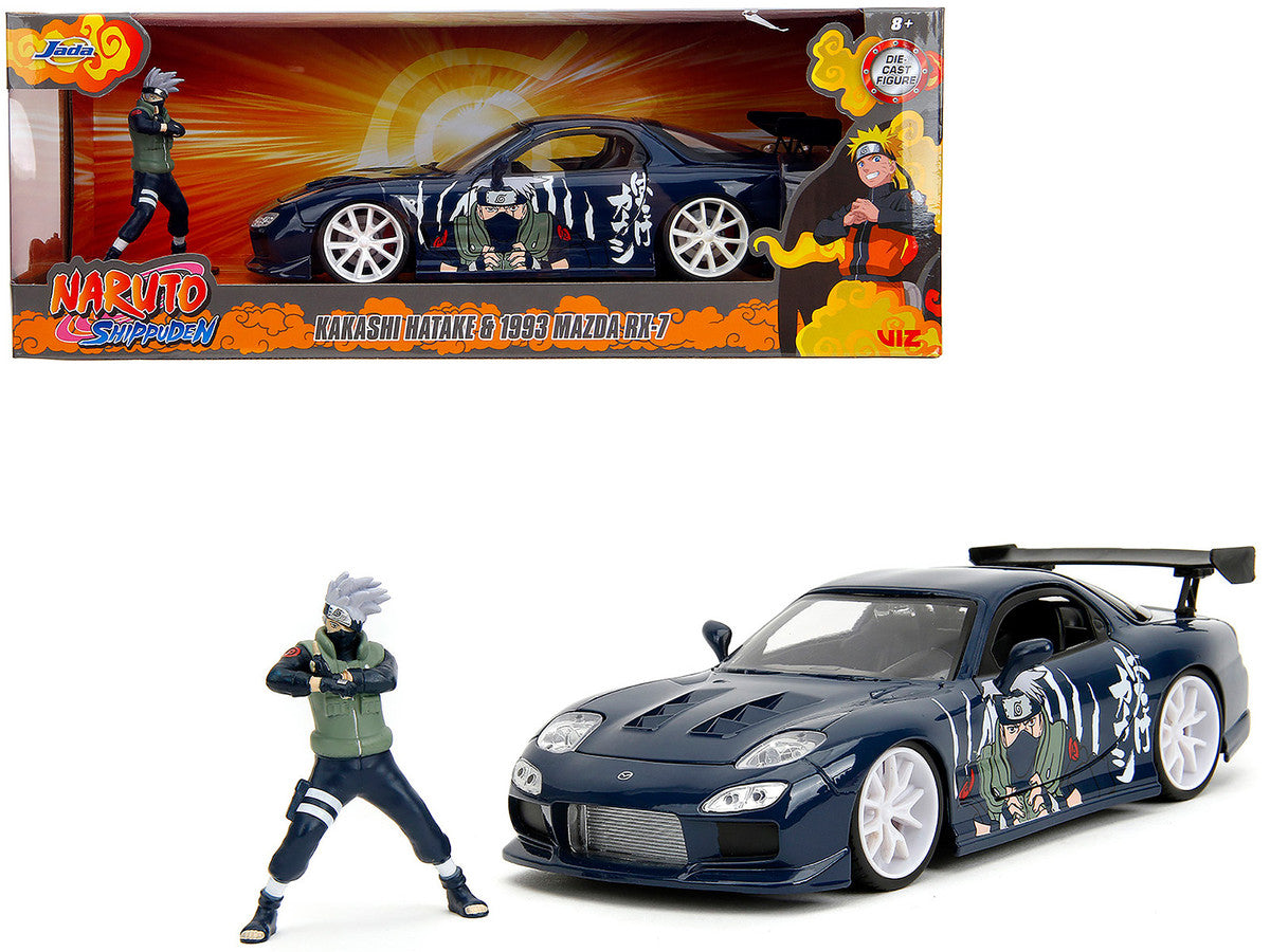 1993 Mazda RX-7 Dark Blue with Graphics and Kakashi Hatake Diecast Figure "Naruto Shippuden" (2009-2017) TV Series "Anime Hollywood Rides" Series 1/24 Diecast Model Car by Jada-0