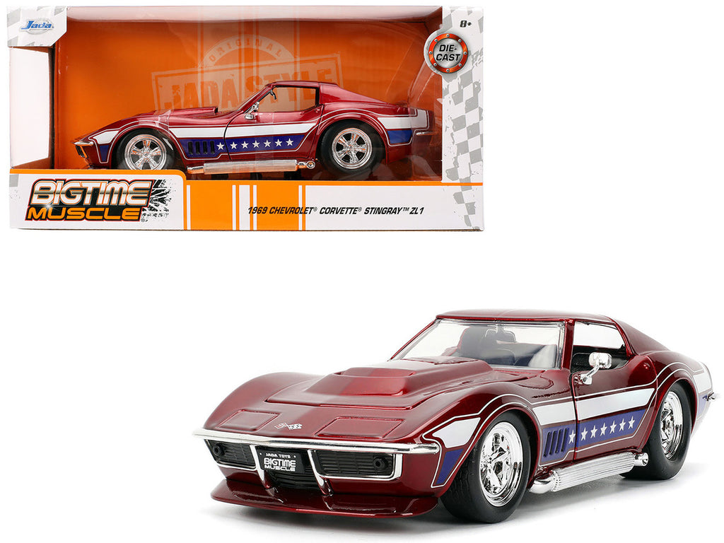 1969 Chevrolet Corvette Stingray ZL1 Red Metallic with Stars and Stripes Graphics "Bigtime Muscle" Series 1/24 Diecast Model Car by Jada-4