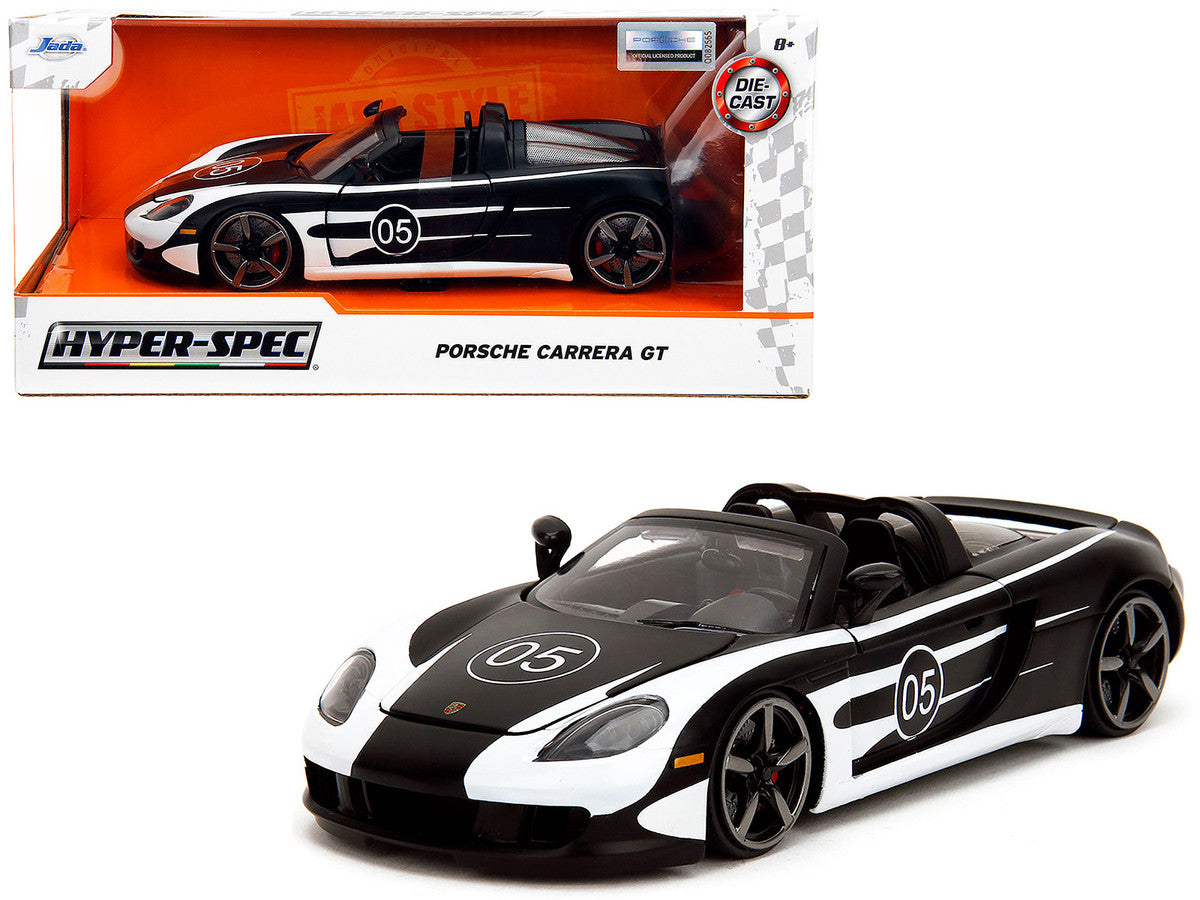 Porsche Carrera GT Convertible #05 Black with White Graphics "Hyper-Spec" Series 1/24 Diecast Model Car by Jada-0