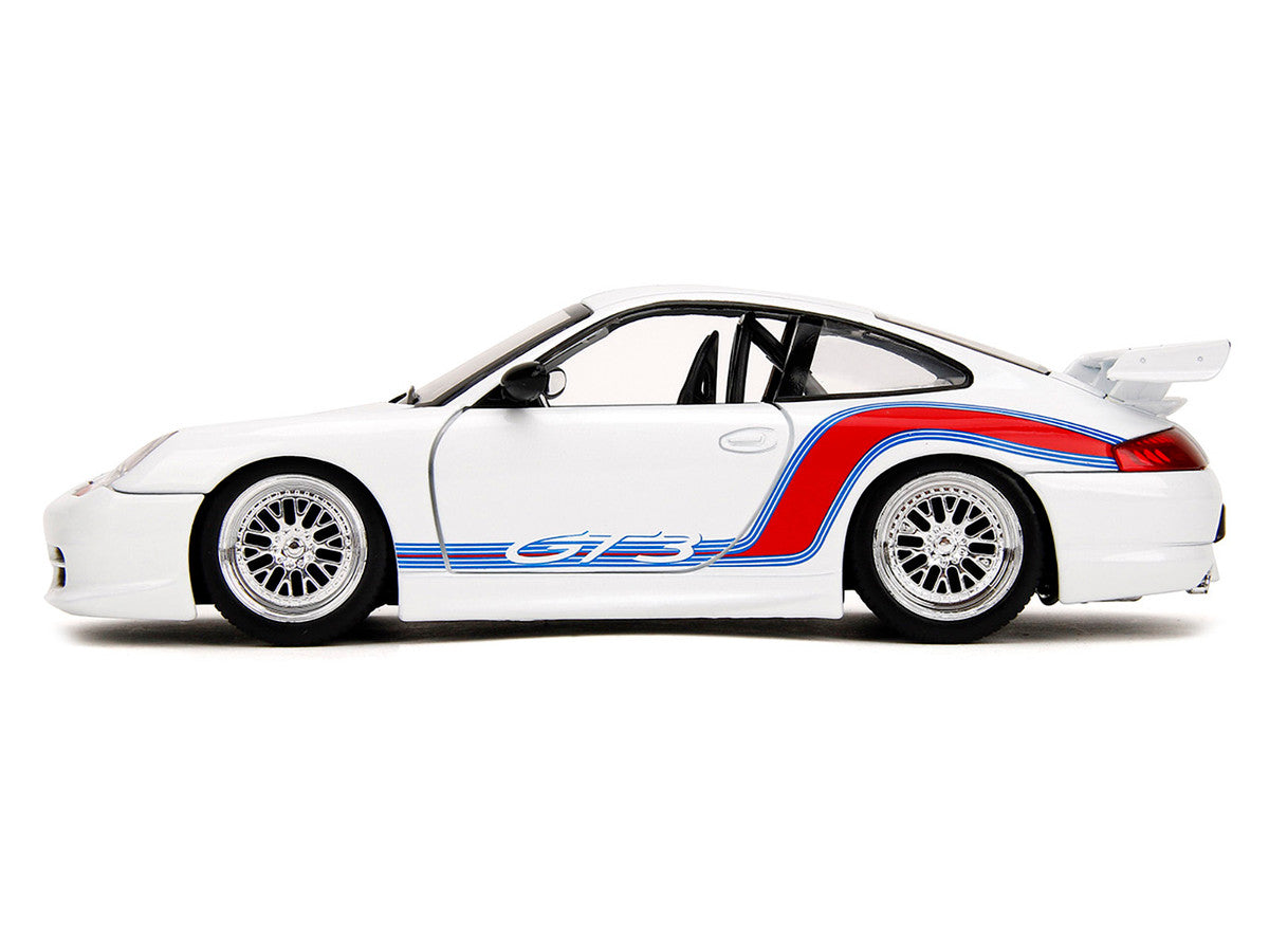 Porsche 911 GT3 (996) White with Red and Blue Stripes "Hyper-Spec" Series 1/24 Diecast Model Car by Jada-1