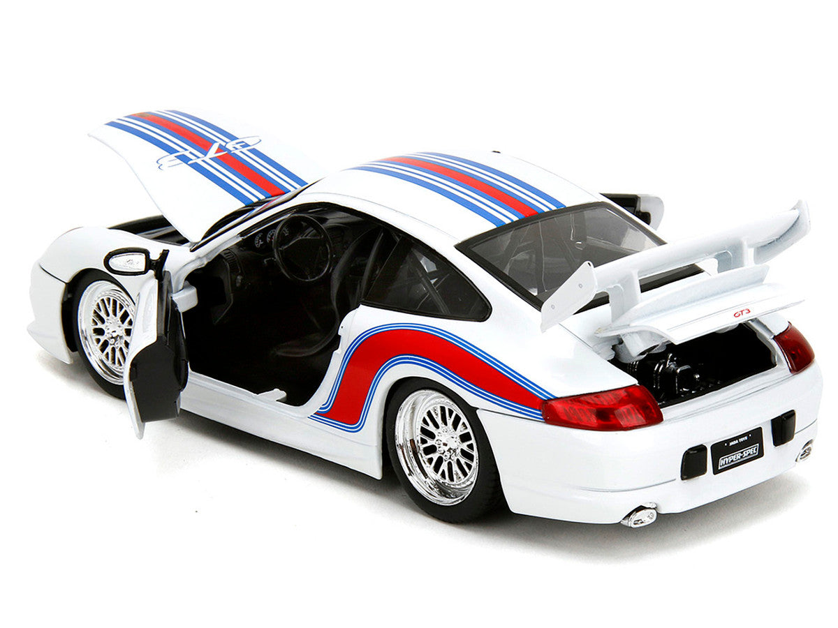Porsche 911 GT3 (996) White with Red and Blue Stripes "Hyper-Spec" Series 1/24 Diecast Model Car by Jada-3