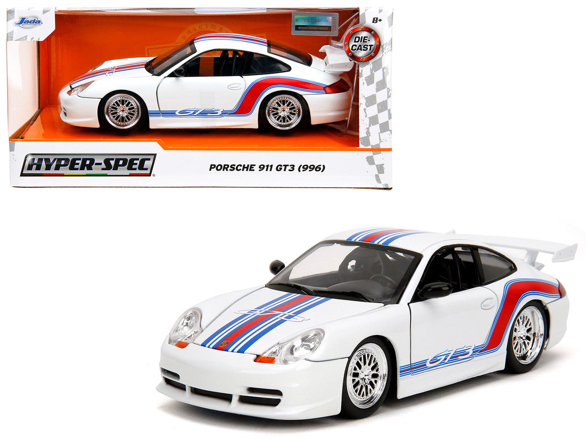 Porsche 911 GT3 (996) White with Red and Blue Stripes "Hyper-Spec" Series 1/24 Diecast Model Car by Jada-4