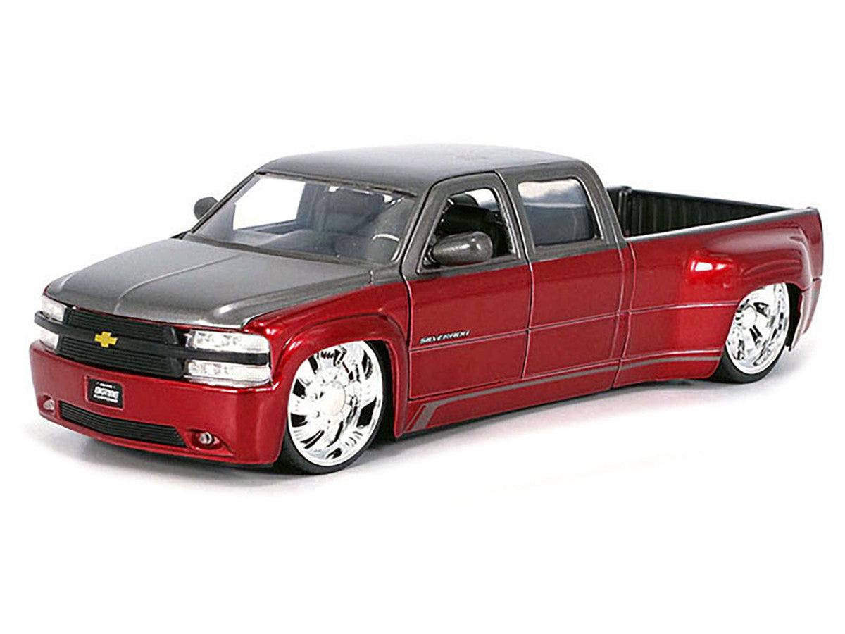 1999 Chevrolet Silverado Dually Pickup Truck Red Metallic and Gray with Custom KMC Wheels "Just Trucks" Series 1/24 Diecast Model Car by Jada-1