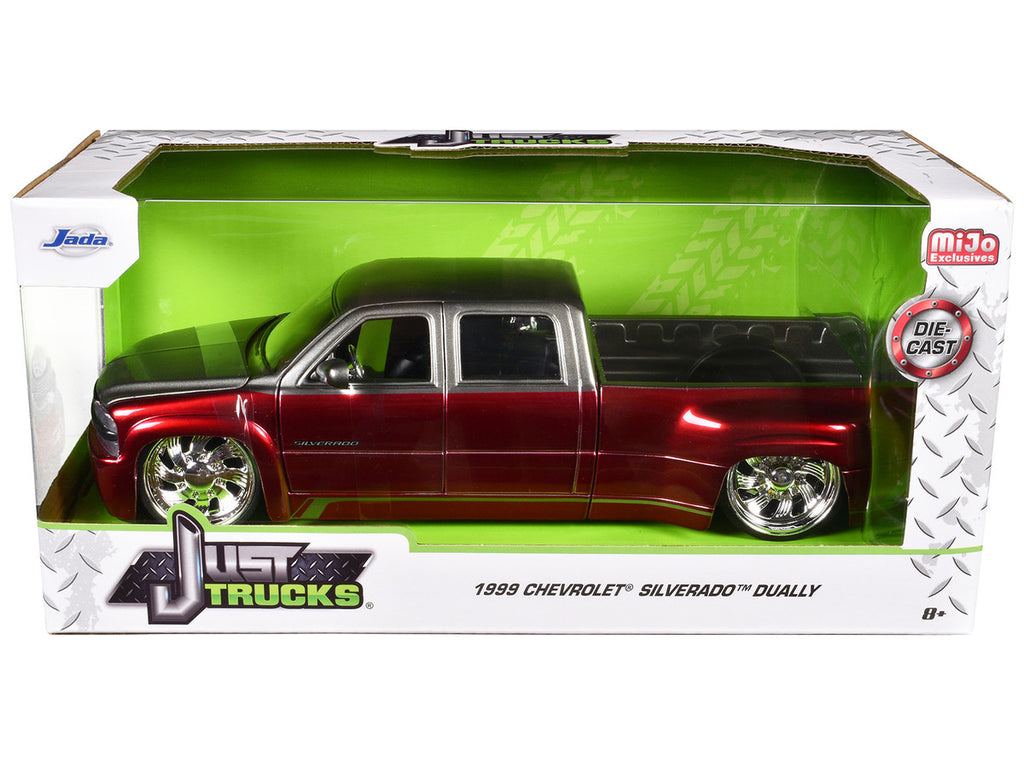 1999 Chevrolet Silverado Dually Pickup Truck Red Metallic and Gray with Custom KMC Wheels "Just Trucks" Series 1/24 Diecast Model Car by Jada-2