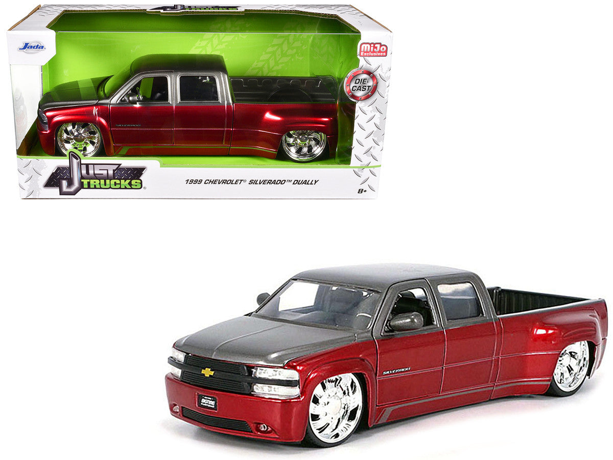 1999 Chevrolet Silverado Dually Pickup Truck Red Metallic and Gray with Custom KMC Wheels "Just Trucks" Series 1/24 Diecast Model Car by Jada-0