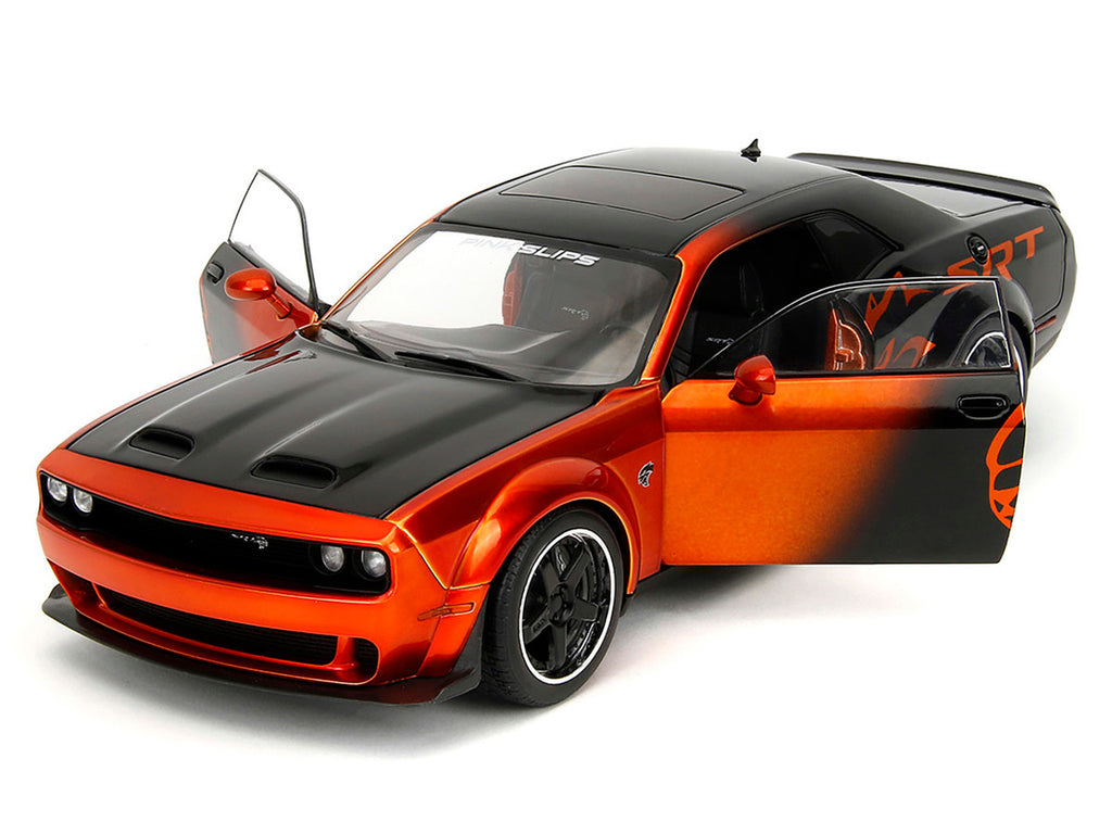 Dodge Challenger SRT Hellcat Orange Metallic and Black "Pink Slips" Series 1/18 Diecast Model Car by Jada-0