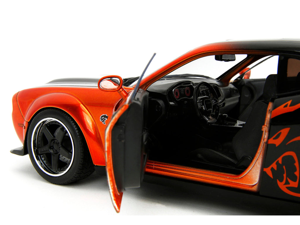 Dodge Challenger SRT Hellcat Orange Metallic and Black "Pink Slips" Series 1/18 Diecast Model Car by Jada-1