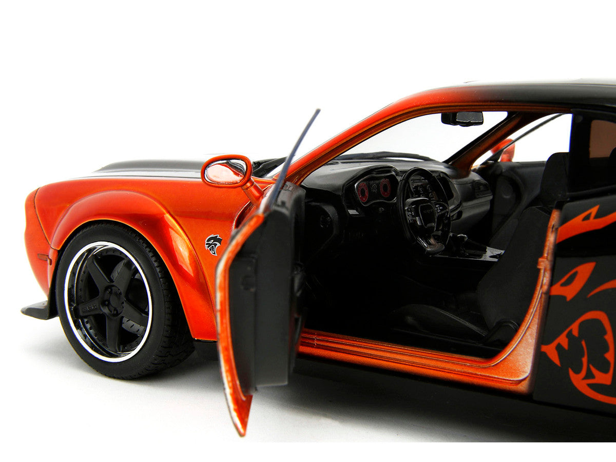 Dodge Challenger SRT Hellcat Orange Metallic and Black "Pink Slips" Series 1/18 Diecast Model Car by Jada-1