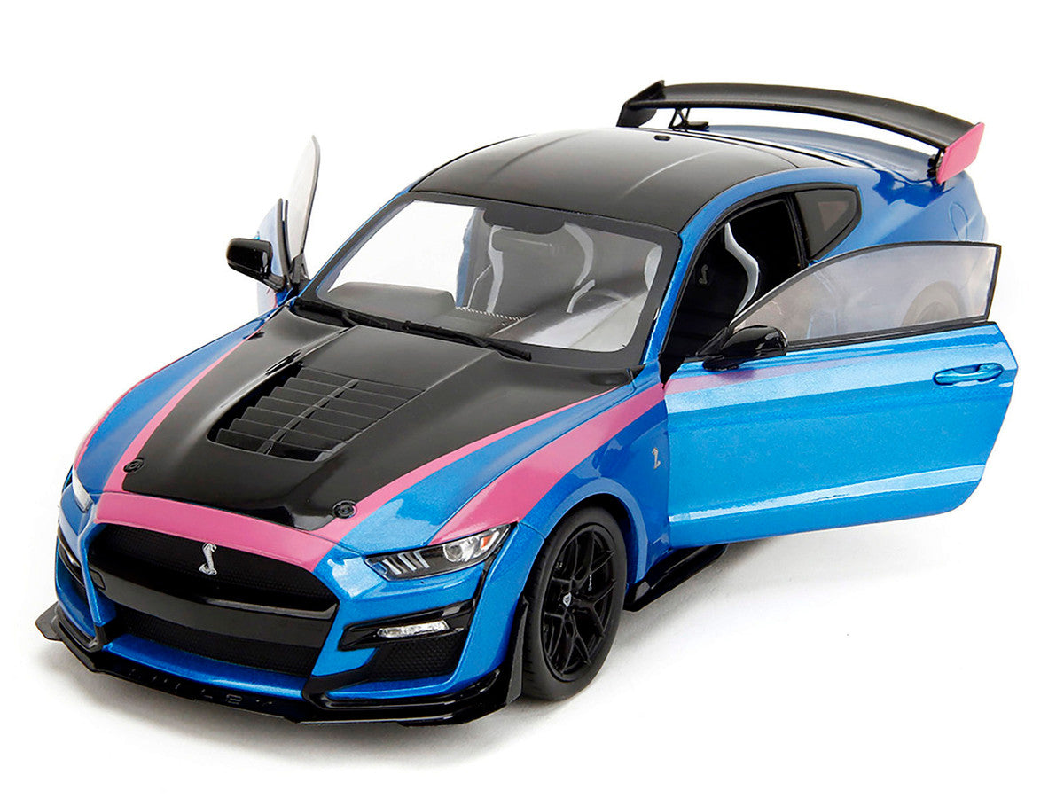 Ford Mustang Shelby GT500 Blue Metallic with Pink Stripes and Black Hood and Top "Pink Slips" Series 1/18 Diecast Model Car by Jada-2