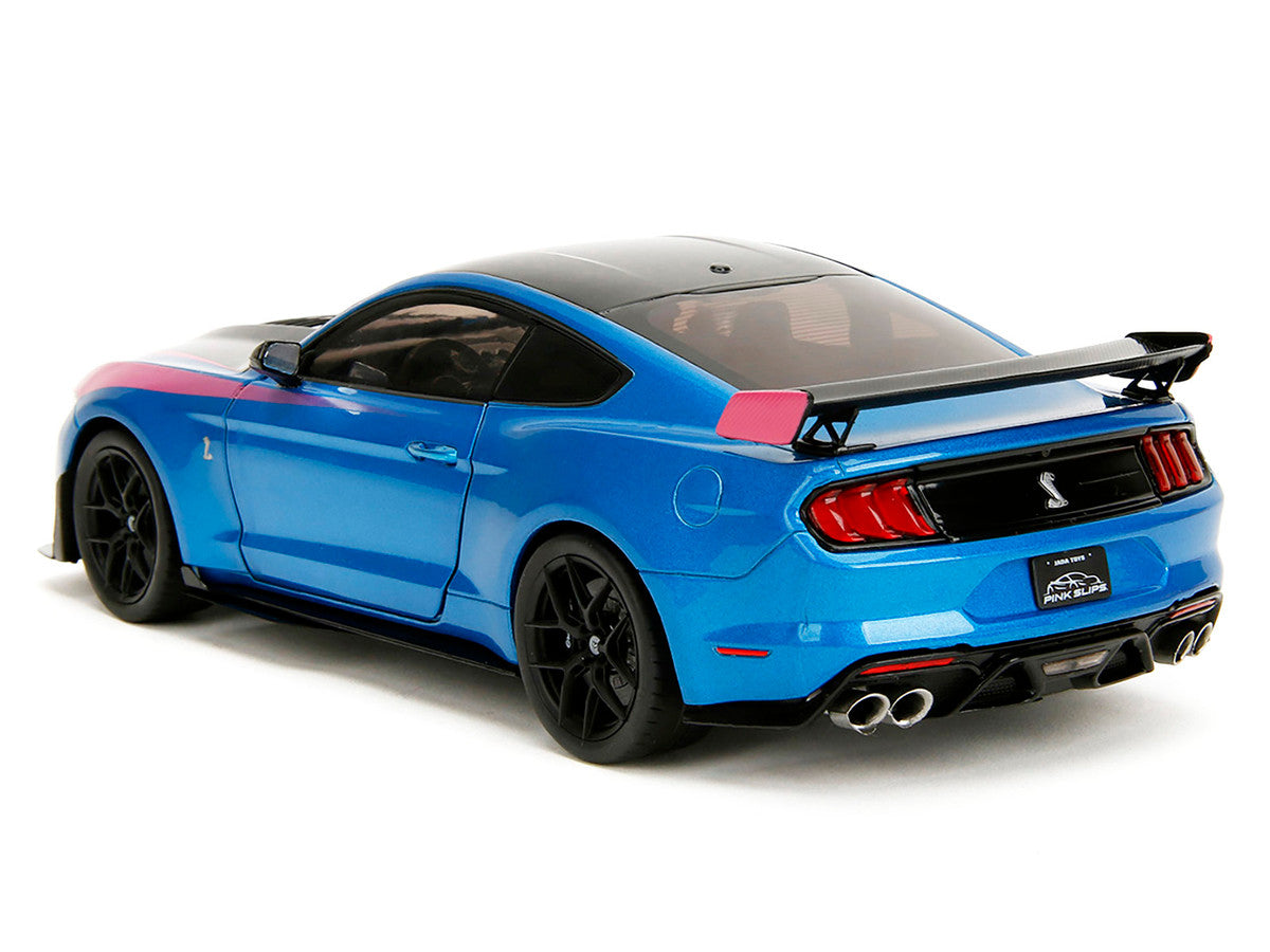 Ford Mustang Shelby GT500 Blue Metallic with Pink Stripes and Black Hood and Top "Pink Slips" Series 1/18 Diecast Model Car by Jada-0