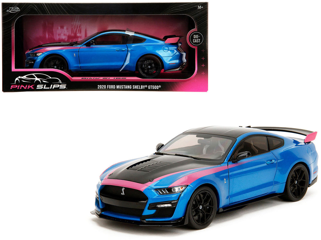 Ford Mustang Shelby GT500 Blue Metallic with Pink Stripes and Black Hood and Top "Pink Slips" Series 1/18 Diecast Model Car by Jada-4