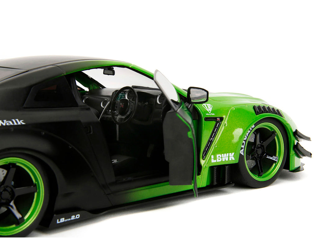 Nissan GT-R (R35) Liberty Walk Body Kit 2.0 RHD (Right Hand Drive) Green and Matt Black "Pink Slips" Series 1/18 Diecast Model Car by Jada-1