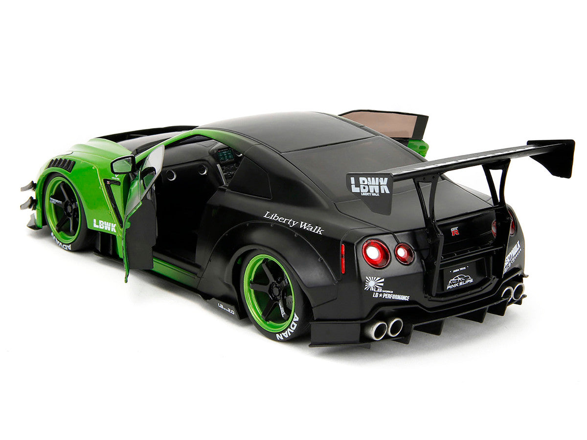 Nissan GT-R (R35) Liberty Walk Body Kit 2.0 RHD (Right Hand Drive) Green and Matt Black "Pink Slips" Series 1/18 Diecast Model Car by Jada-3
