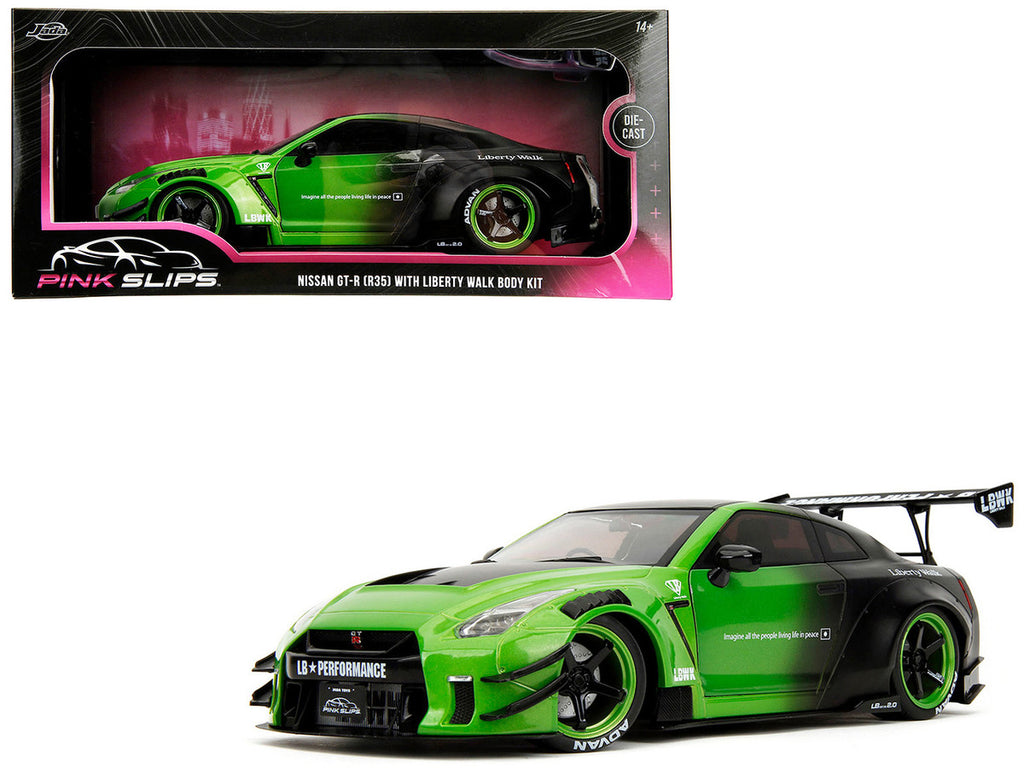 Nissan GT-R (R35) Liberty Walk Body Kit 2.0 RHD (Right Hand Drive) Green and Matt Black "Pink Slips" Series 1/18 Diecast Model Car by Jada-4