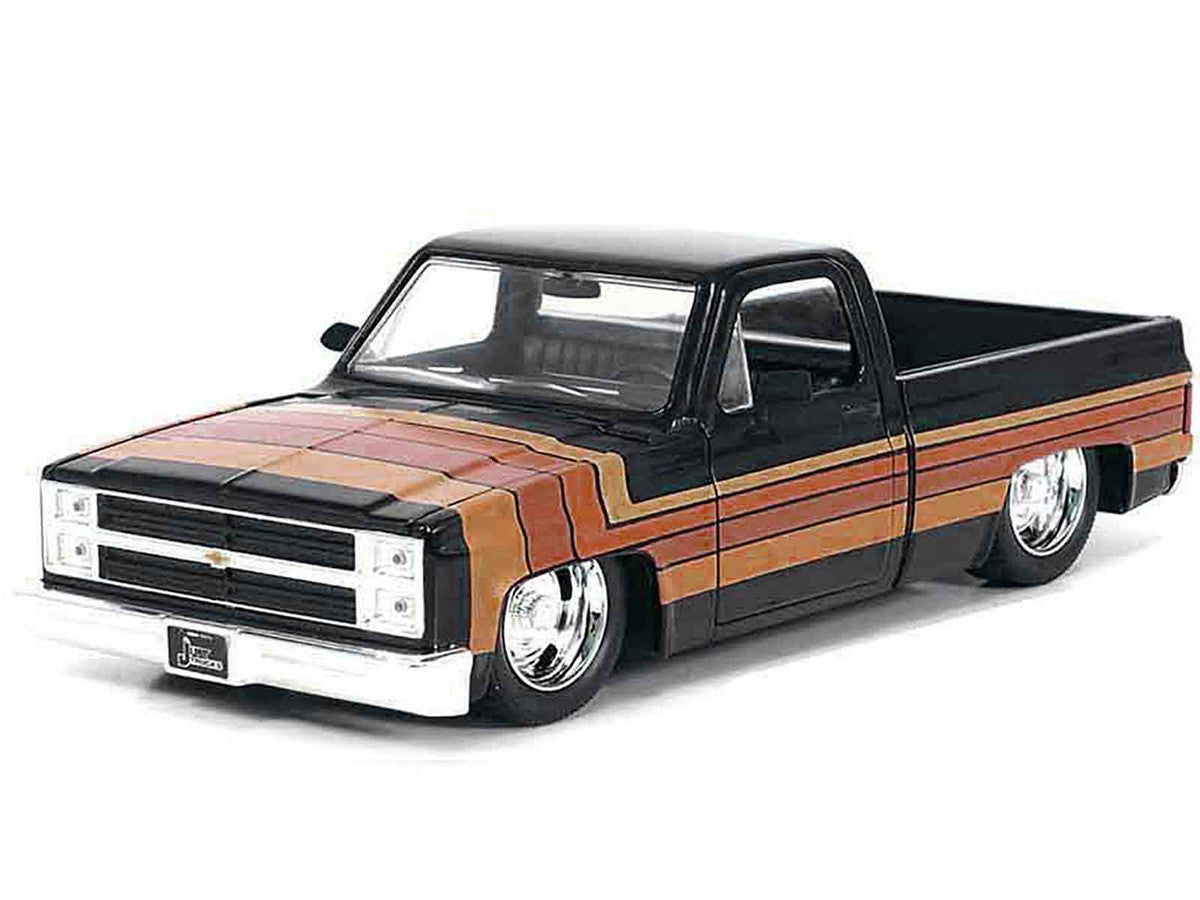 1985 Chevrolet C-10 Pickup Truck Black with Stripes and GM Rally Wheels "Just Trucks" Series 1/24 Diecast Model Car by Jada-0