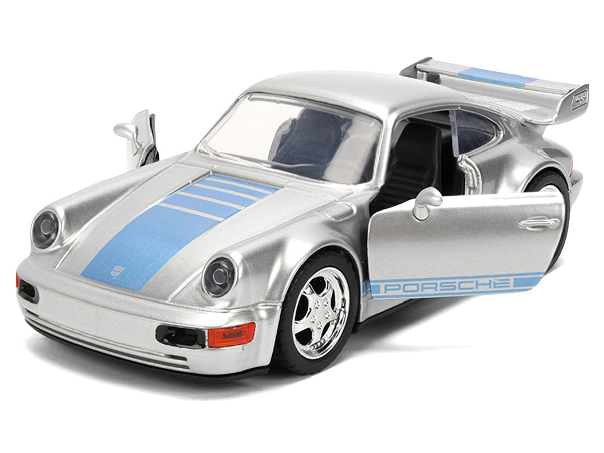 Porsche 911 Carrera RS 3.8 "Mirage" Silver Metallic with Blue Stripes "Transformers: Rise of the Beasts" (2023) Movie "Hollywood Rides" 1/32 Diecast Model Car by Jada-1