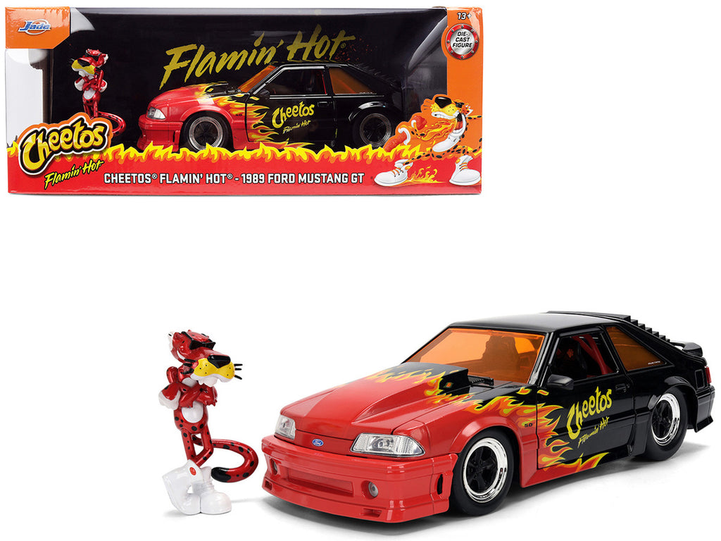 1989 Ford Mustang GT Black with Red Flame Graphics and Chester Cheetah Diecast Figure "Cheetos Flamin' Hot" "Hollywood Rides" Series 1/24 Diecast Model Car by Jada-4
