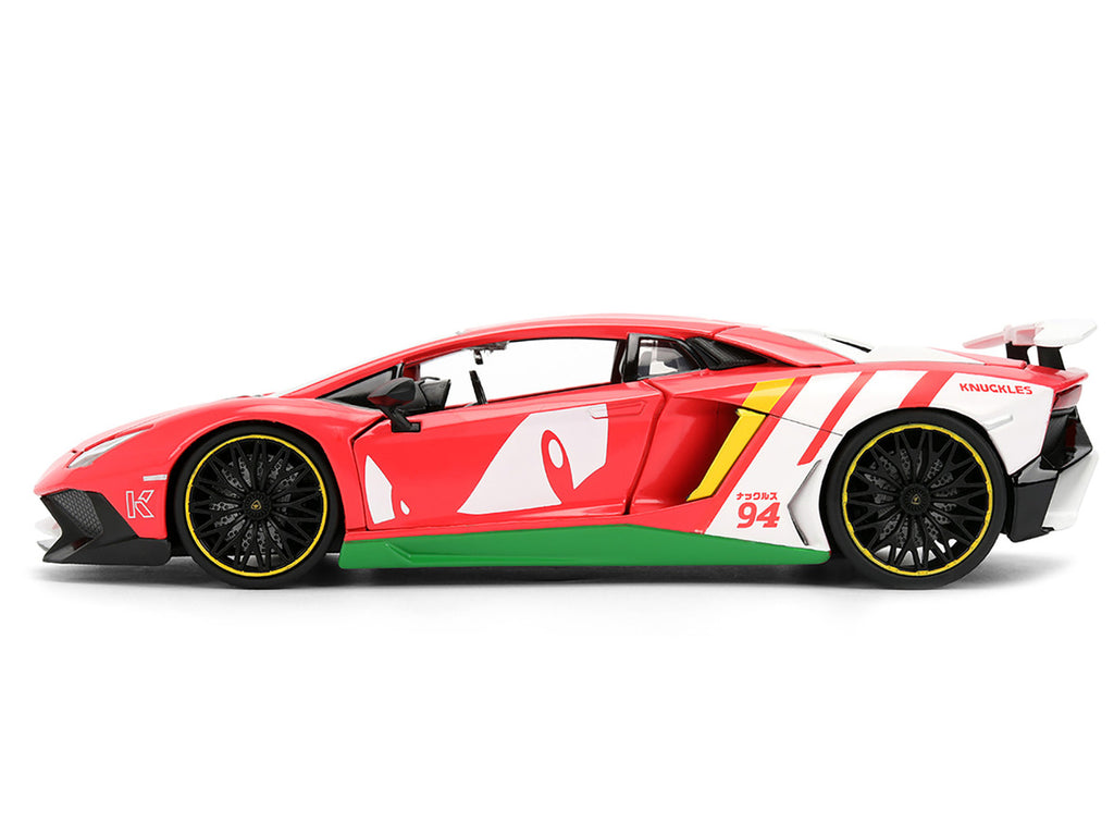 Lamborghini Aventador SV Red with Graphics and Knuckles Diecast Figure "Sonic The Hedgehog" Franchise "Hollywood Rides" Series 1/24 Diecast Model by Jada-1