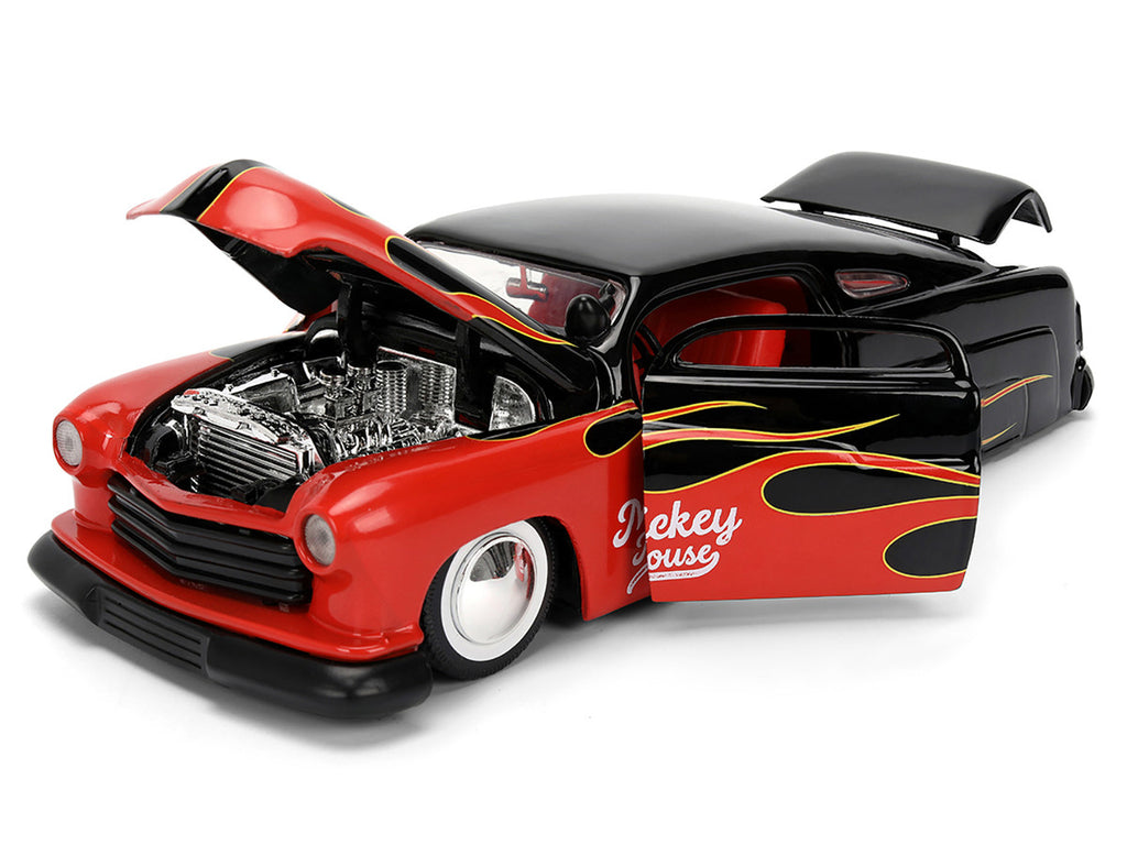 1951 Mercury Coupe Black with Flame Graphics and Red Interior and Mickey Mouse Diecast Figure "Disney's Mickey Mouse" "Hollywood Rides" Series 1/24 Diecast Model Car by Jada-3