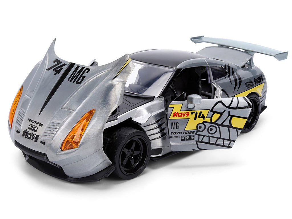 2009 Nissan GT-R (R35) Ben Sopra Brushed Metal with Black Top and Graphics and Mechagodzilla Diecast Figure "Godzilla" Franchise "Anime Hollywood Rides" Series 1/24 Diecast Model by Jada-3