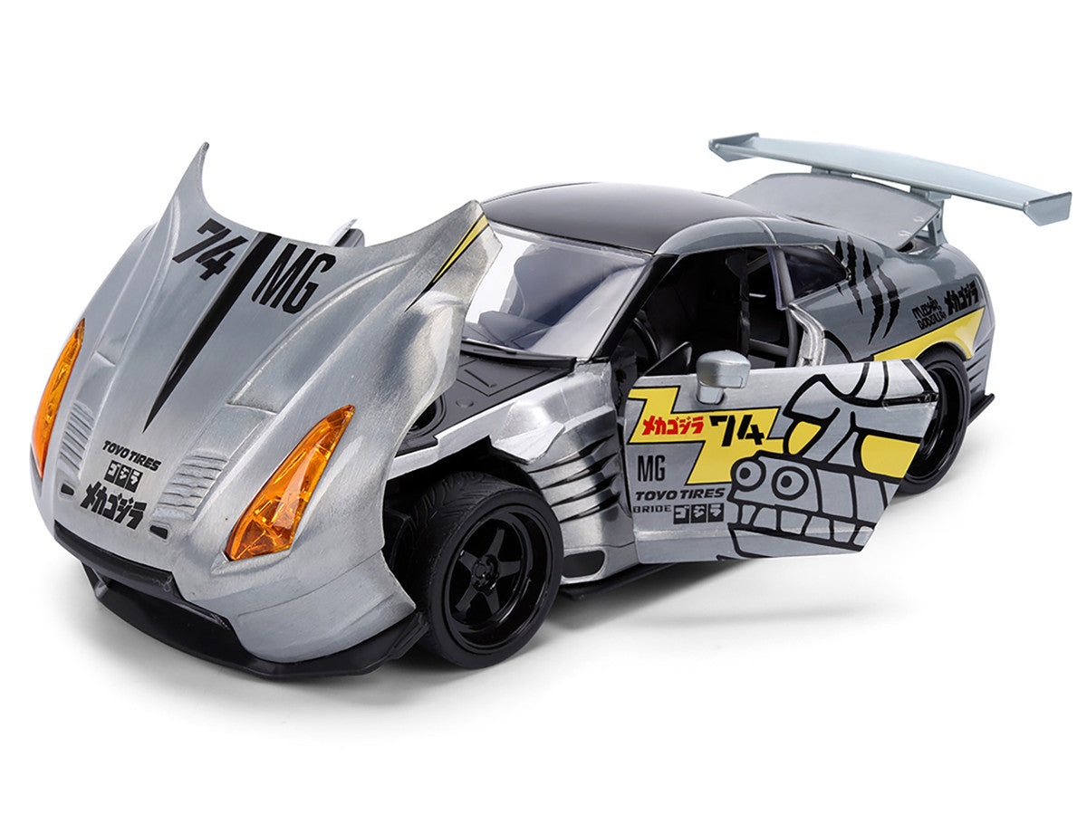2009 Nissan GT-R (R35) Ben Sopra Brushed Metal with Black Top and Graphics and Mechagodzilla Diecast Figure "Godzilla" Franchise "Anime Hollywood Rides" Series 1/24 Diecast Model by Jada-3