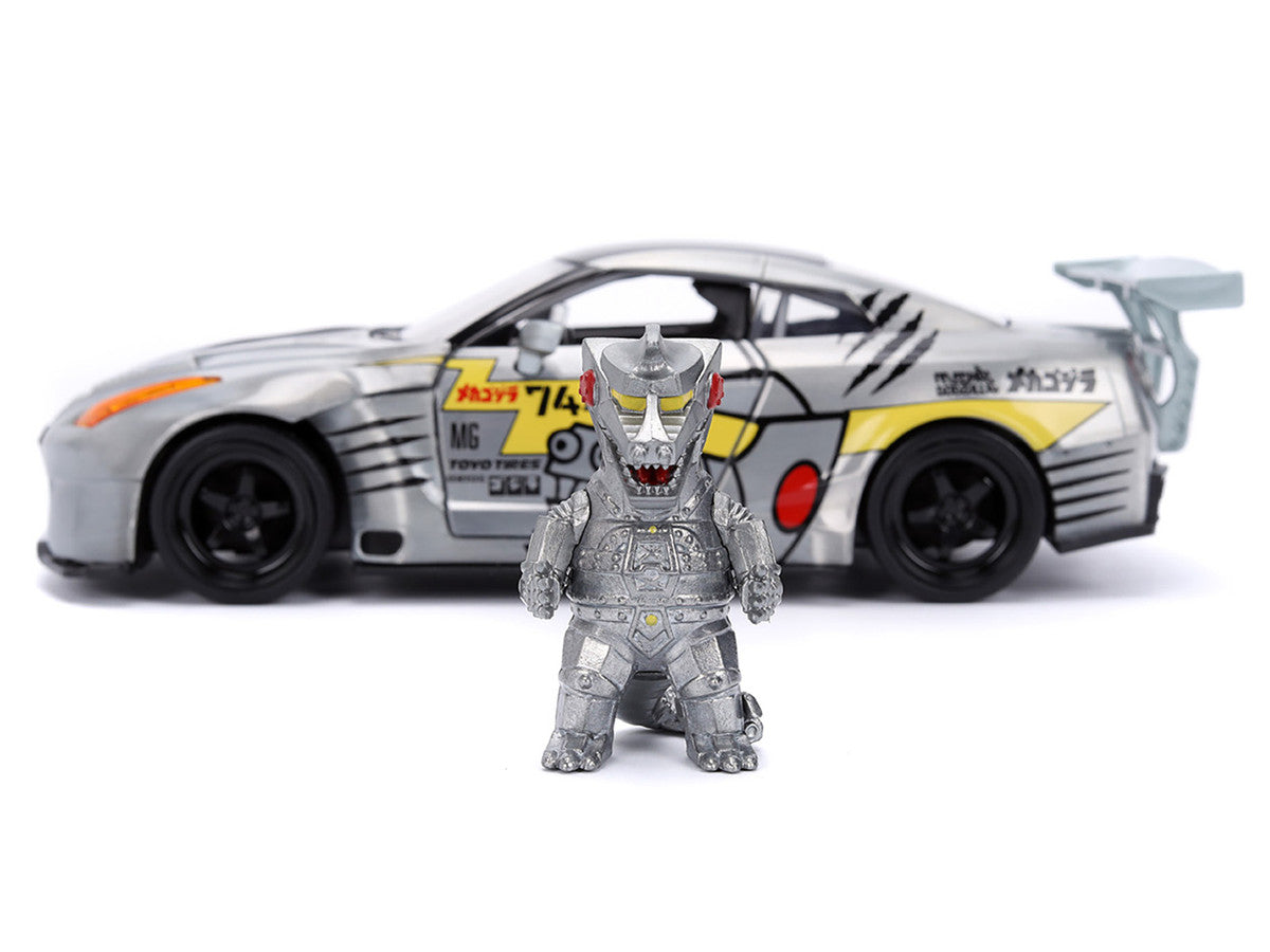 2009 Nissan GT-R (R35) Ben Sopra Brushed Metal with Black Top and Graphics and Mechagodzilla Diecast Figure "Godzilla" Franchise "Anime Hollywood Rides" Series 1/24 Diecast Model by Jada-0