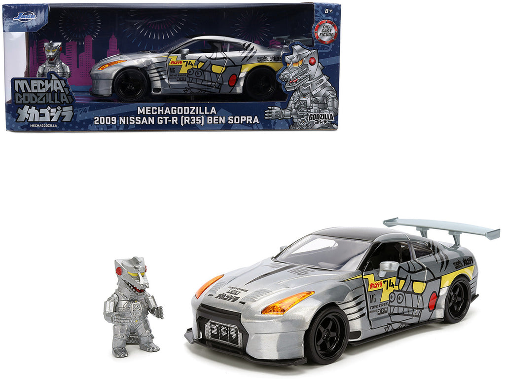 2009 Nissan GT-R (R35) Ben Sopra Brushed Metal with Black Top and Graphics and Mechagodzilla Diecast Figure "Godzilla" Franchise "Anime Hollywood Rides" Series 1/24 Diecast Model by Jada-4