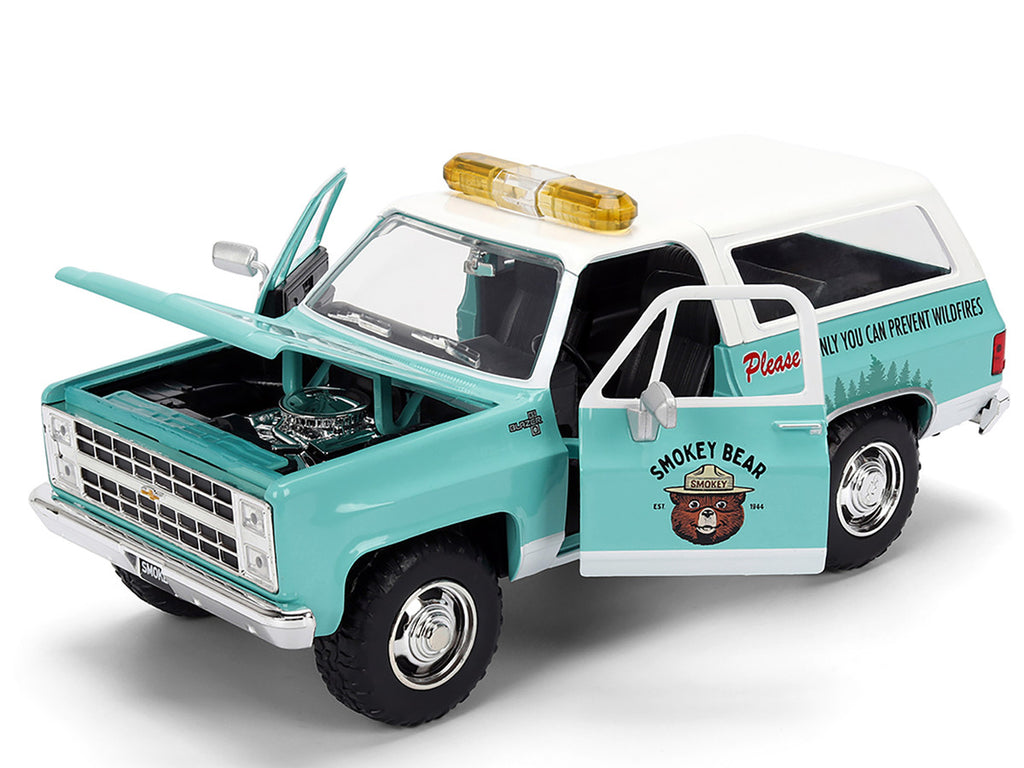 1980 Chevrolet Blazer Light Green with White Top and Graphics and Smokey Bear Diecast Figure "Smokey Bear" "Hollywood Rides" Series 1/24 Diecast Model by Jada-1